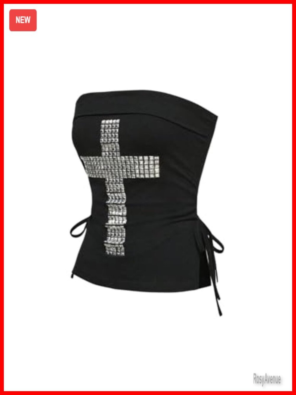 Goth Punk Cross Studded Tube Top Strapless Ruched Drawstring Bandeau
